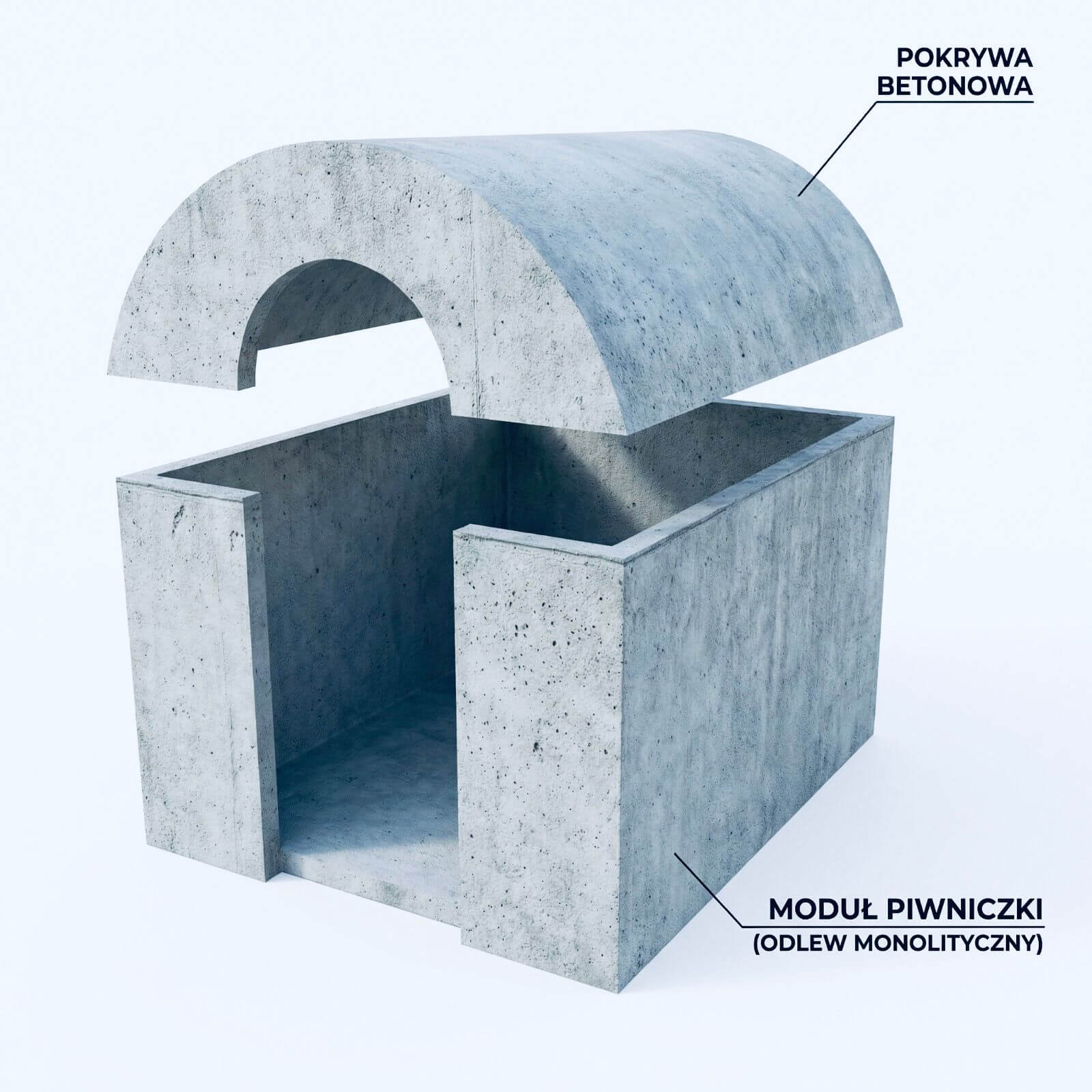 Model zbrojonej piwniczki ogrodowej z dachem w kształcie kopuły i frontowym wejściem.