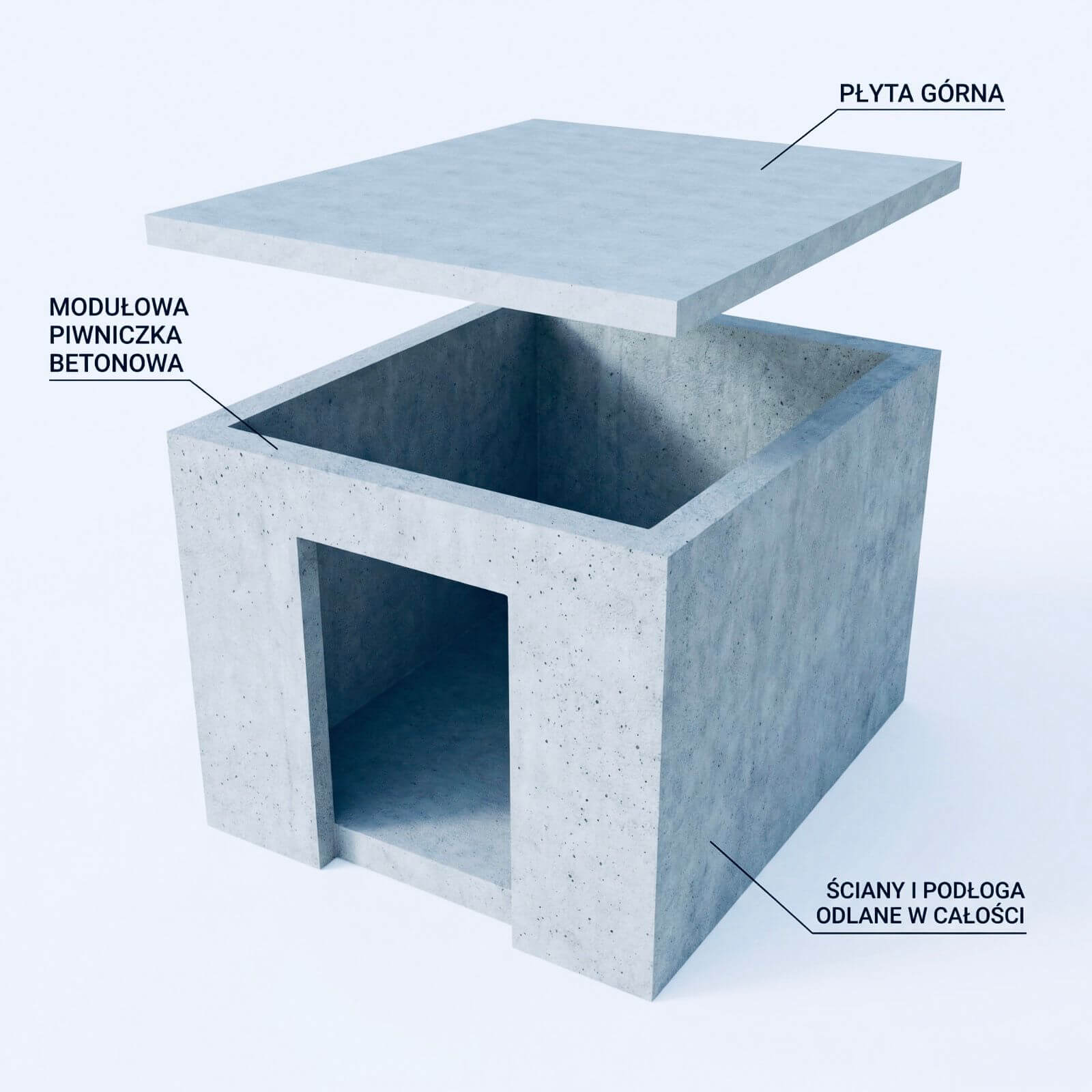 Projekt betonowej piwnicy z płaskim zadaszeniem i otwartym, prostokątnym przedsionkiem.